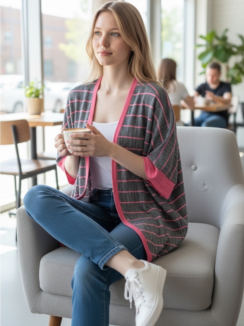 LuLaRoe Gray and Pink Striped Open Cardigan